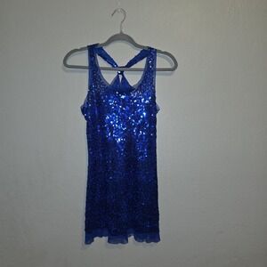 VINTAGE Deb Y2K 2000s Mesh Sequin Sheer Blue Mini Dress Party Going Out Club SzL